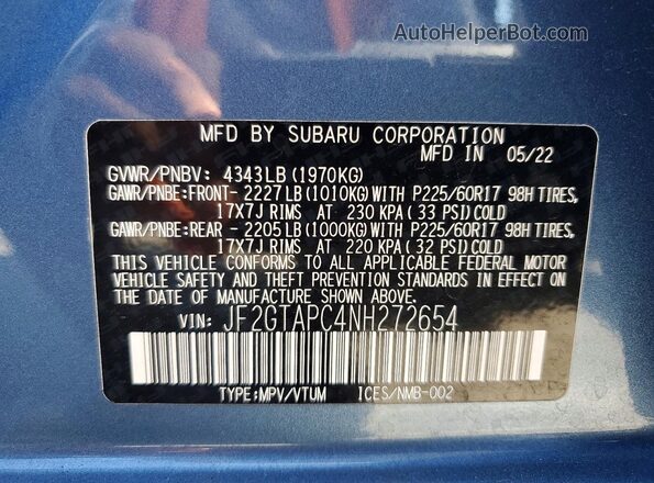 JF2GTAPC4NH272654 2022 SUBARU CROSSTREK Blue Vista de la etiqueta del VIN