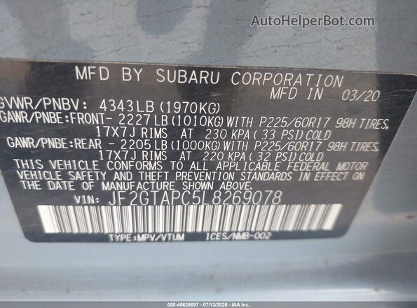 JF2GTAPC5L8269078 2020 SUBARU CROSSTREK Blue Շարժիչի բաժամունքի տեսք
