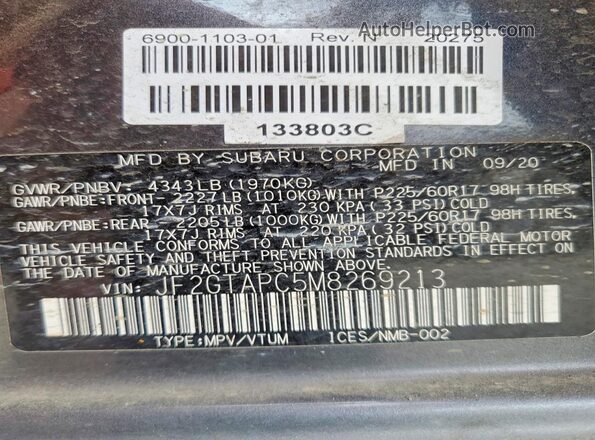 JF2GTAPC5M8269213 2021 SUBARU CROSSTREK Gray VIN sticker view