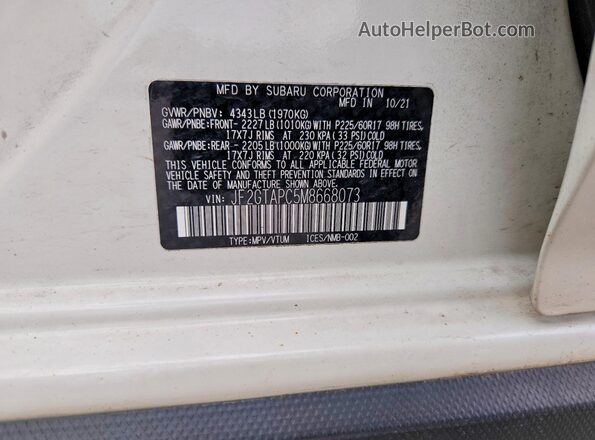 JF2GTAPC5M8668073 2021 SUBARU CROSSTREK White Widok naklejki z numerem VIN