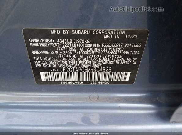 JF2GTAPC5MH304526 2021 SUBARU CROSSTREK Blue Engine compartment view