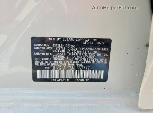 JF2GTAPC5MH652777 2021 SUBARU CROSSTREK White VIN კოდის სტიკერის ხედი