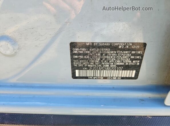 JF2GTAPC5N8201107 2022 SUBARU CROSSTREK Blue VIN sticker view