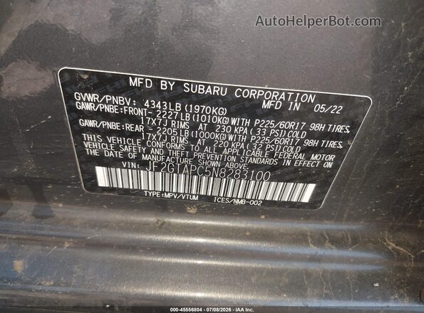 JF2GTAPC5N8283100 2022 SUBARU CROSSTREK Gray Widok komory silnika