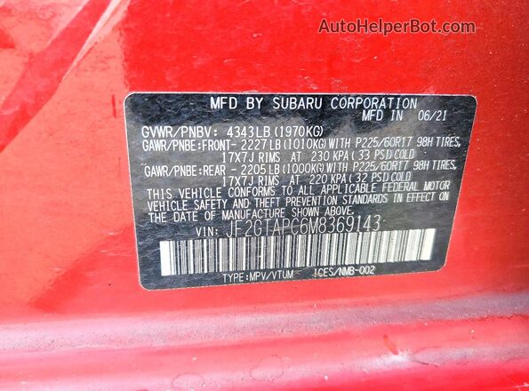 JF2GTAPC6M8369143 2021 SUBARU CROSSTREK Red Vista de la etiqueta del VIN