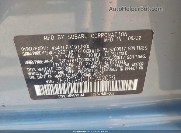 JF2GTAPC6PH242039 2023 SUBARU CROSSTREK Gray Engine compartment view