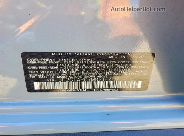 JF2GTAPC7M8216402 2021 SUBARU CROSSTREK Blue ძრავის განყოფილების ხედი