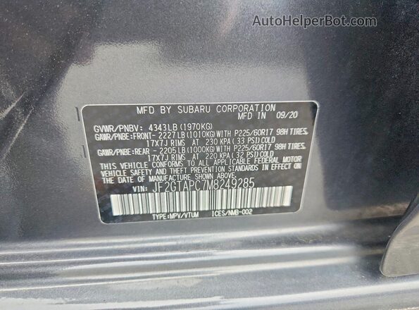 JF2GTAPC7M8249285 2021 SUBARU CROSSTREK Charcoal Vista de la etiqueta del VIN