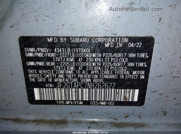 JF2GTAPC7NH262622 2022 SUBARU CROSSTREK Синий Вид подкапотного пространства