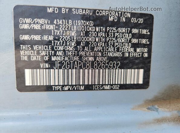 JF2GTAPC8L8265932 2020 SUBARU CROSSTREK Blue VIN կոդի պիտակի տեսք