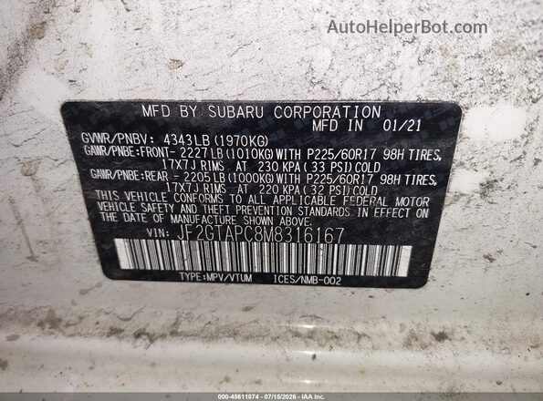 JF2GTAPC8M8316167 2021 SUBARU CROSSTREK White ძრავის განყოფილების ხედი