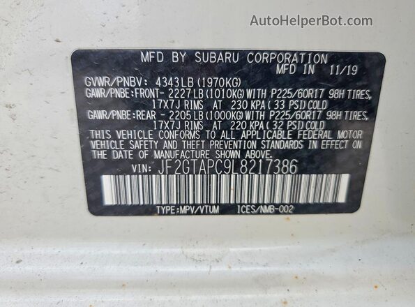 JF2GTAPC9L8217386 2020 SUBARU CROSSTREK Белый Вид подкапотного пространства