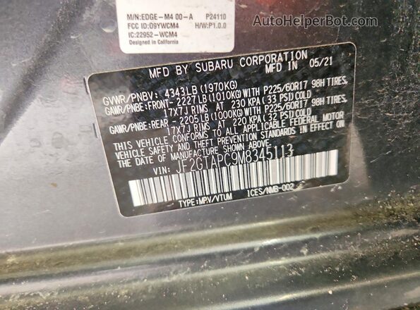 JF2GTAPC9M8345113 2021 SUBARU CROSSTREK Gray Widok naklejki z numerem VIN