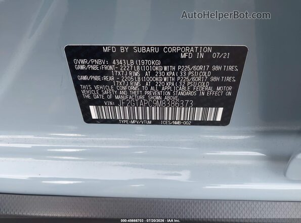 JF2GTAPC9M8386373 2021 SUBARU CROSSTREK Blue Widok komory silnika