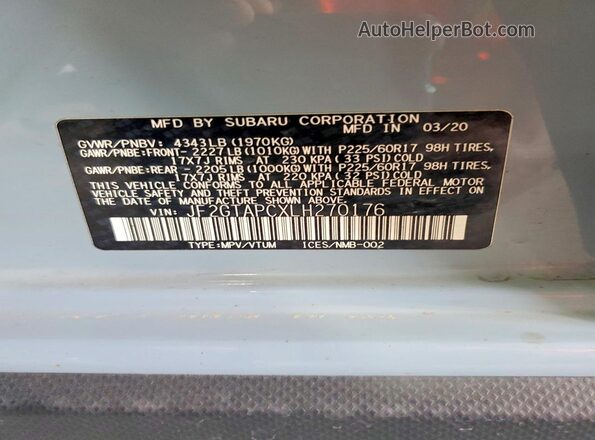 JF2GTAPCXLH270176 2020 SUBARU CROSSTREK Синий Вид подкапотного пространства