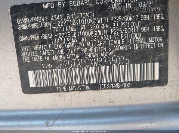 JF2GTAPCXM8335075 2021 SUBARU CROSSTREK Silver Vista del compartimento del motor