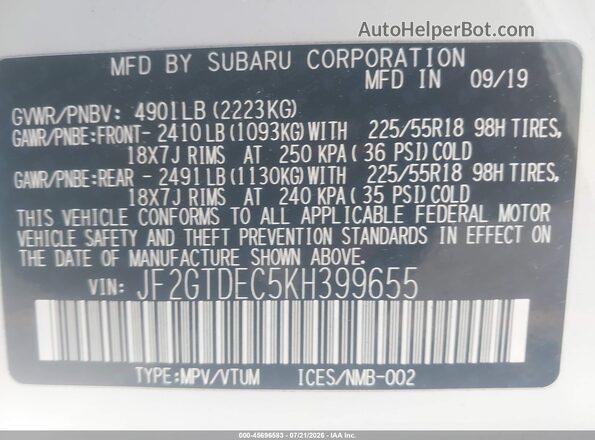 JF2GTDEC5KH399655 2019 SUBARU CROSSTREK HYBRID White Vista del compartimento del motor