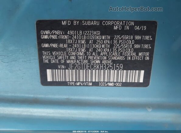 JF2GTDEC8KH325159 2019 SUBARU CROSSTREK HYBRID Синий Вид подкапотного пространства