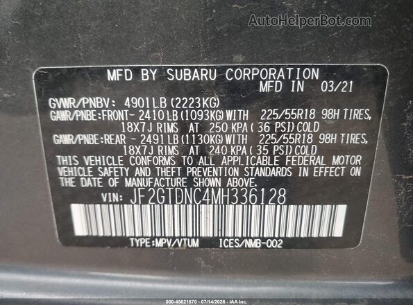 JF2GTDNC4MH336128 2021 SUBARU CROSSTREK Gray Engine compartment view