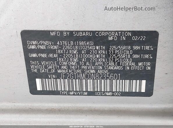 JF2GTHMC0N8235601 2022 SUBARU CROSSTREK Silver ძრავის განყოფილების ხედი