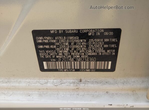 JF2GTHMC1M8234360 2021 SUBARU CROSSTREK White Engine compartment view