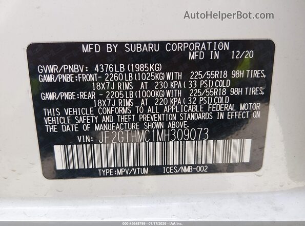 JF2GTHMC1MH309073 2021 SUBARU CROSSTREK White ძრავის განყოფილების ხედი