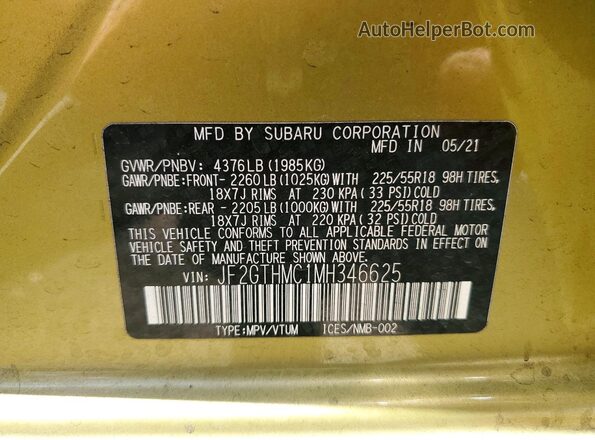 JF2GTHMC1MH346625 2021 SUBARU CROSSTREK Green Vista de la etiqueta del VIN