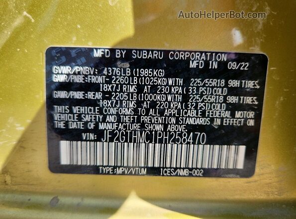 JF2GTHMC1PH258470 2023 SUBARU CROSSTREK Green ძრავის განყოფილების ხედი