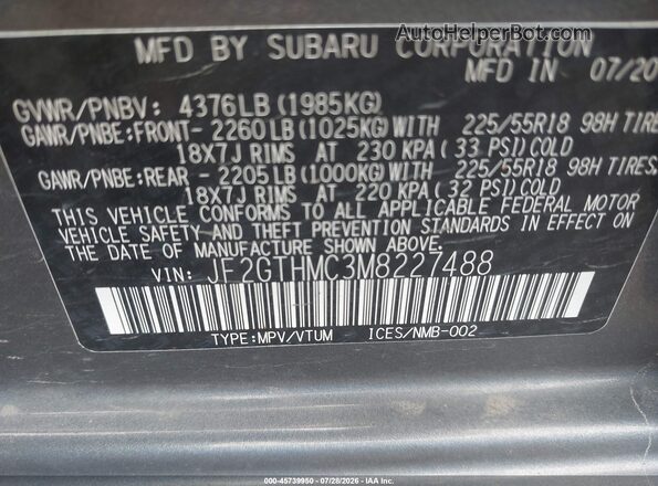 JF2GTHMC3M8227488 2021 SUBARU CROSSTREK Серый Вид подкапотного пространства