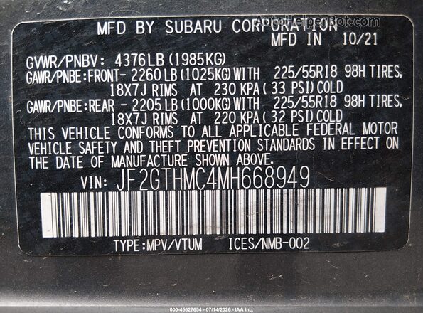 JF2GTHMC4MH668949 2021 SUBARU CROSSTREK Gray Vista del compartimento del motor