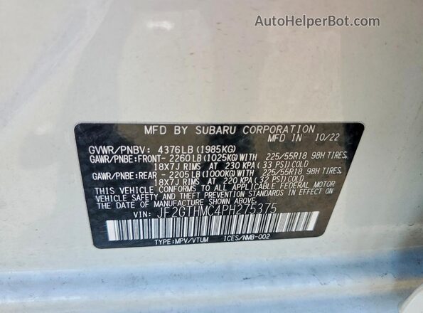 JF2GTHMC4PH275375 2023 SUBARU CROSSTREK White VIN sticker view