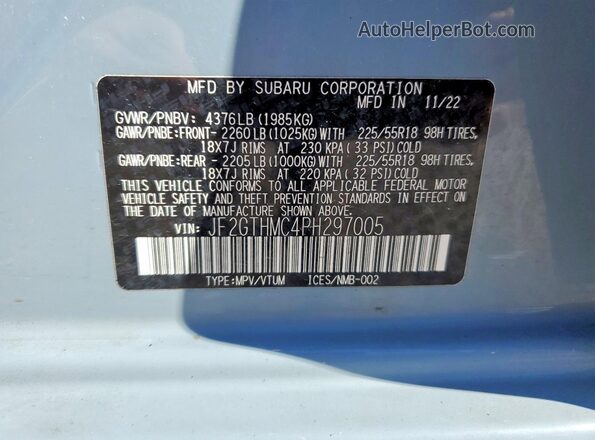 JF2GTHMC4PH297005 2023 SUBARU CROSSTREK Blue Widok wnętrza 360 stopni