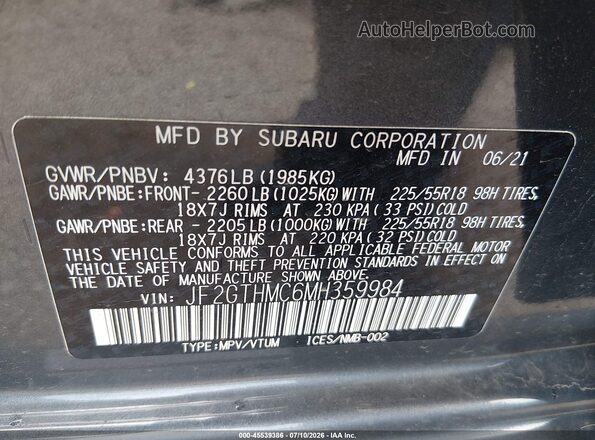 JF2GTHMC6MH359984 2021 SUBARU CROSSTREK Gray ძრავის განყოფილების ხედი