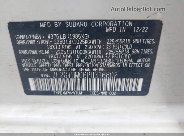 JF2GTHMC6PH316802 2023 SUBARU CROSSTREK White Widok komory silnika