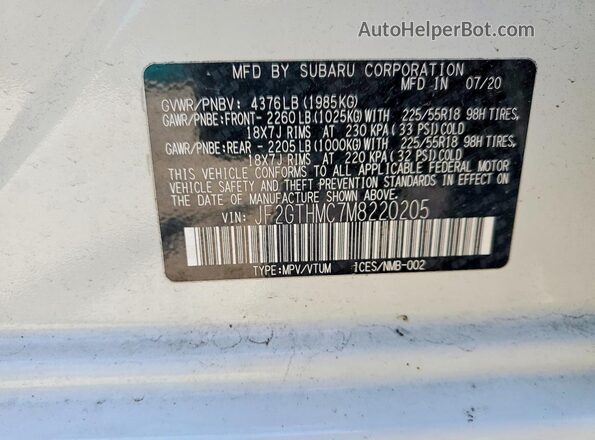 JF2GTHMC7M8220205 2021 SUBARU CROSSTREK White Widok naklejki z numerem VIN