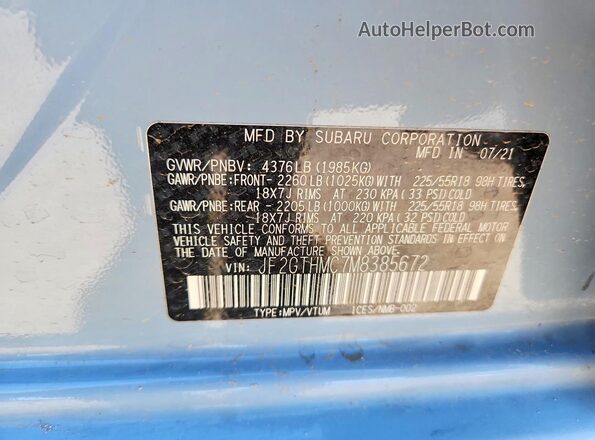 JF2GTHMC7M8385672 2021 SUBARU CROSSTREK Teal Вид підкапотного простору