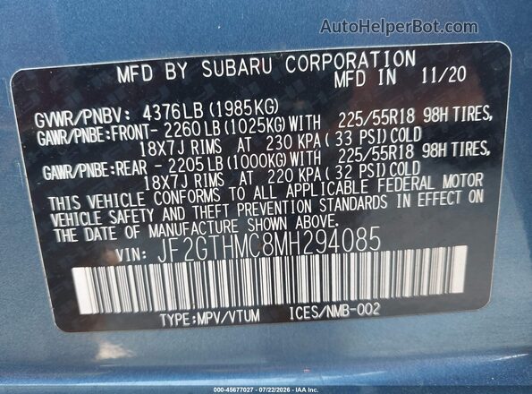 JF2GTHMC8MH294085 2021 SUBARU CROSSTREK Blue Widok komory silnika
