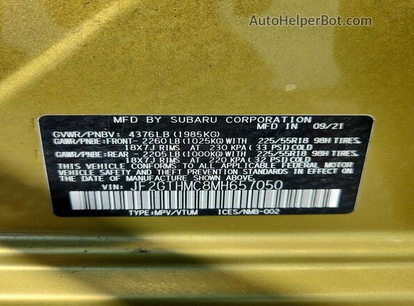 JF2GTHMC8MH657050 2021 SUBARU CROSSTREK Yellow VIN კოდის სტიკერის ხედი