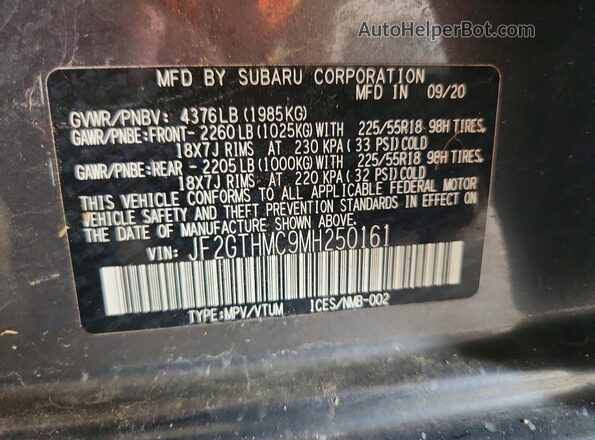 JF2GTHMC9MH250161 2021 SUBARU CROSSTREK Charcoal Widok naklejki z numerem VIN