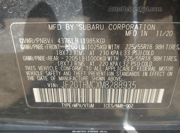 JF2GTHMCXM8288935 2021 SUBARU CROSSTREK Black ძრავის განყოფილების ხედი