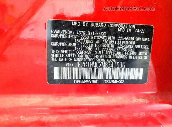JF2GTHMCXM8341536 2021 SUBARU CROSSTREK Red Widok naklejki z numerem VIN