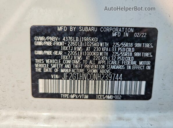 JF2GTHNC0NH239744 2022 SUBARU CROSSTREK Белый Панорамный вид салона 360°