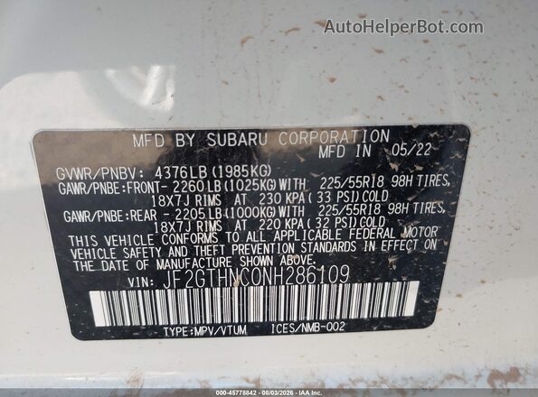 JF2GTHNC0NH286109 2022 SUBARU CROSSTREK Белый Вид подкапотного пространства