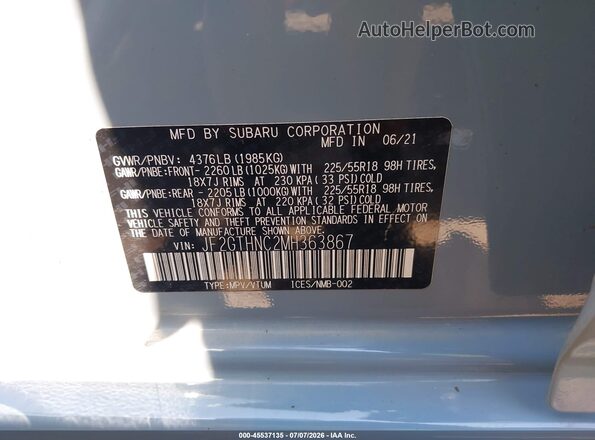 JF2GTHNC2MH363867 2021 SUBARU CROSSTREK Blue Engine compartment view