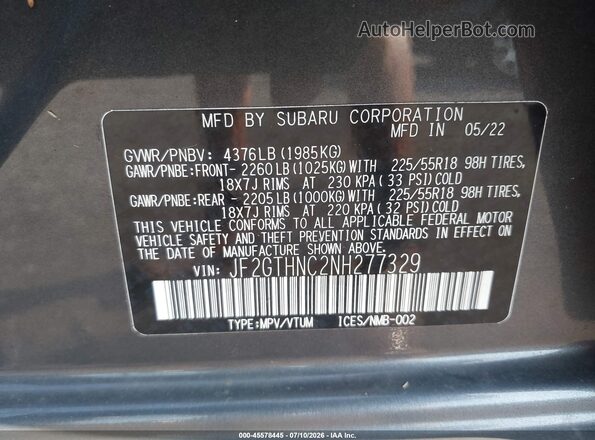 JF2GTHNC2NH277329 2022 SUBARU CROSSTREK Gray Widok komory silnika