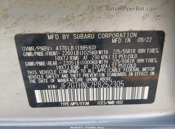 JF2GTHNC2P8252305 2023 SUBARU CROSSTREK Silver Vista del compartimento del motor