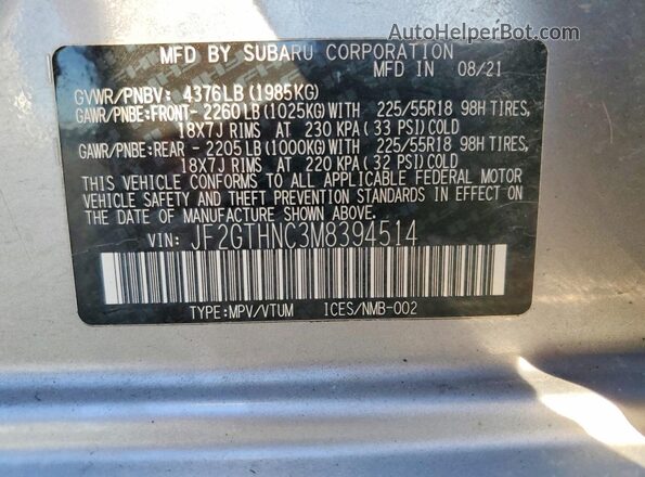 JF2GTHNC3M8394514 2021 SUBARU CROSSTREK Gray ძრავის განყოფილების ხედი