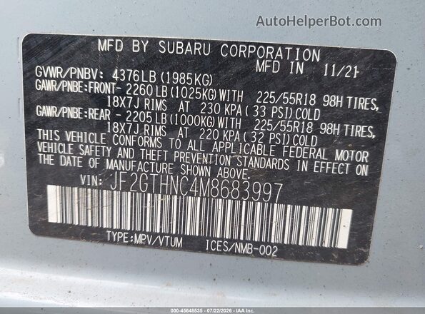 JF2GTHNC4M8683997 2021 SUBARU CROSSTREK Blue Engine compartment view