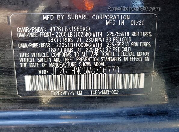 JF2GTHNC5M8316770 2021 SUBARU CROSSTREK Black სალონის 360-გრადუსიანი ხედი