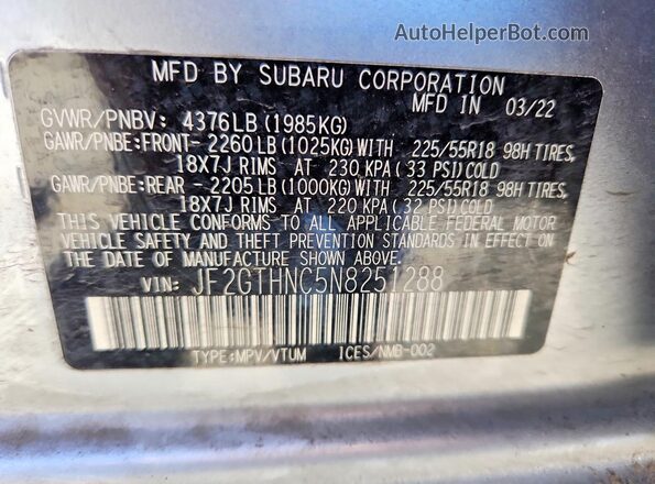 JF2GTHNC5N8251288 2022 SUBARU CROSSTREK Silver Widok naklejki z numerem VIN